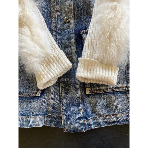 Womens Denim Top or Jacket w Rabbit Fur Knit Ribbed Sleeves Snap Down S Sz 4 - Picture 7 of 10